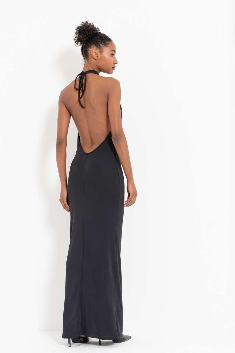 Black Cowl-Neck Backless Maxi Dress