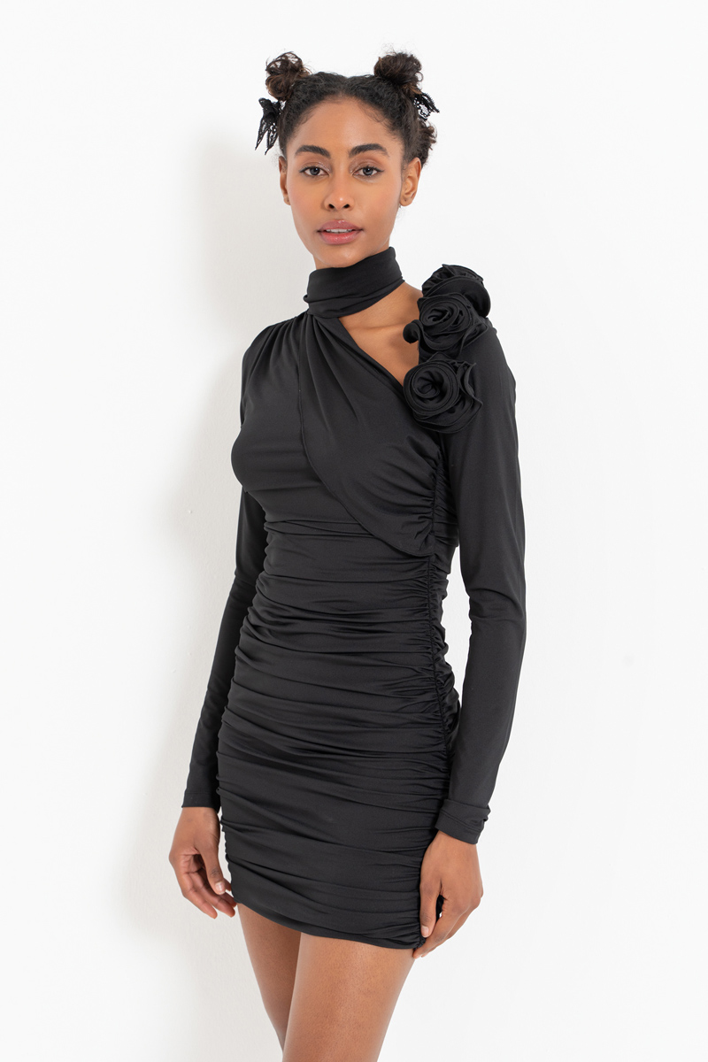 Black Rose-Accent Ruched Mini Dress