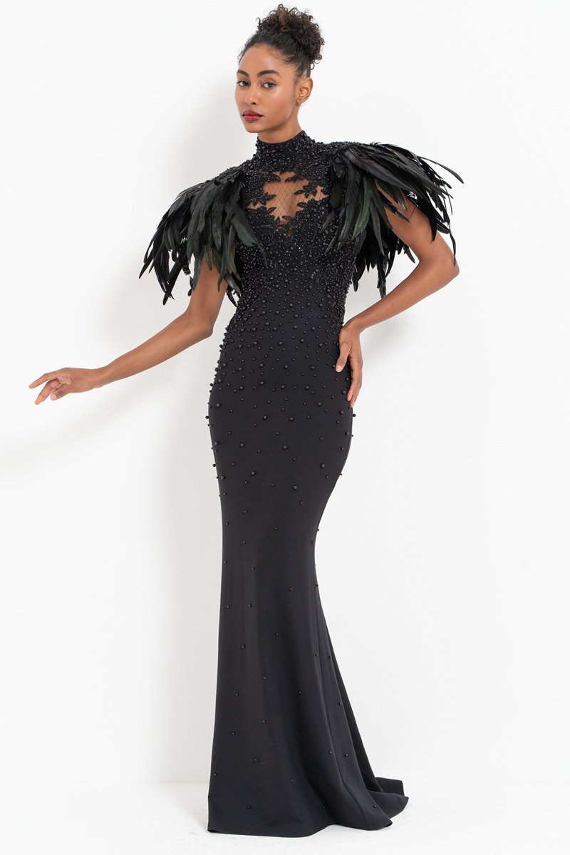 Black Faux Feather-Shoulder Embellished Maxi Dress