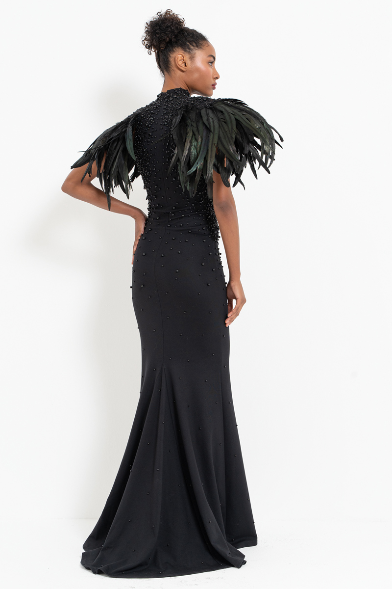 Black Faux Feather-Shoulder Embellished Maxi Dress