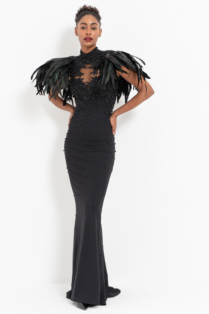 Black Faux Feather-Shoulder Embellished Maxi Dress