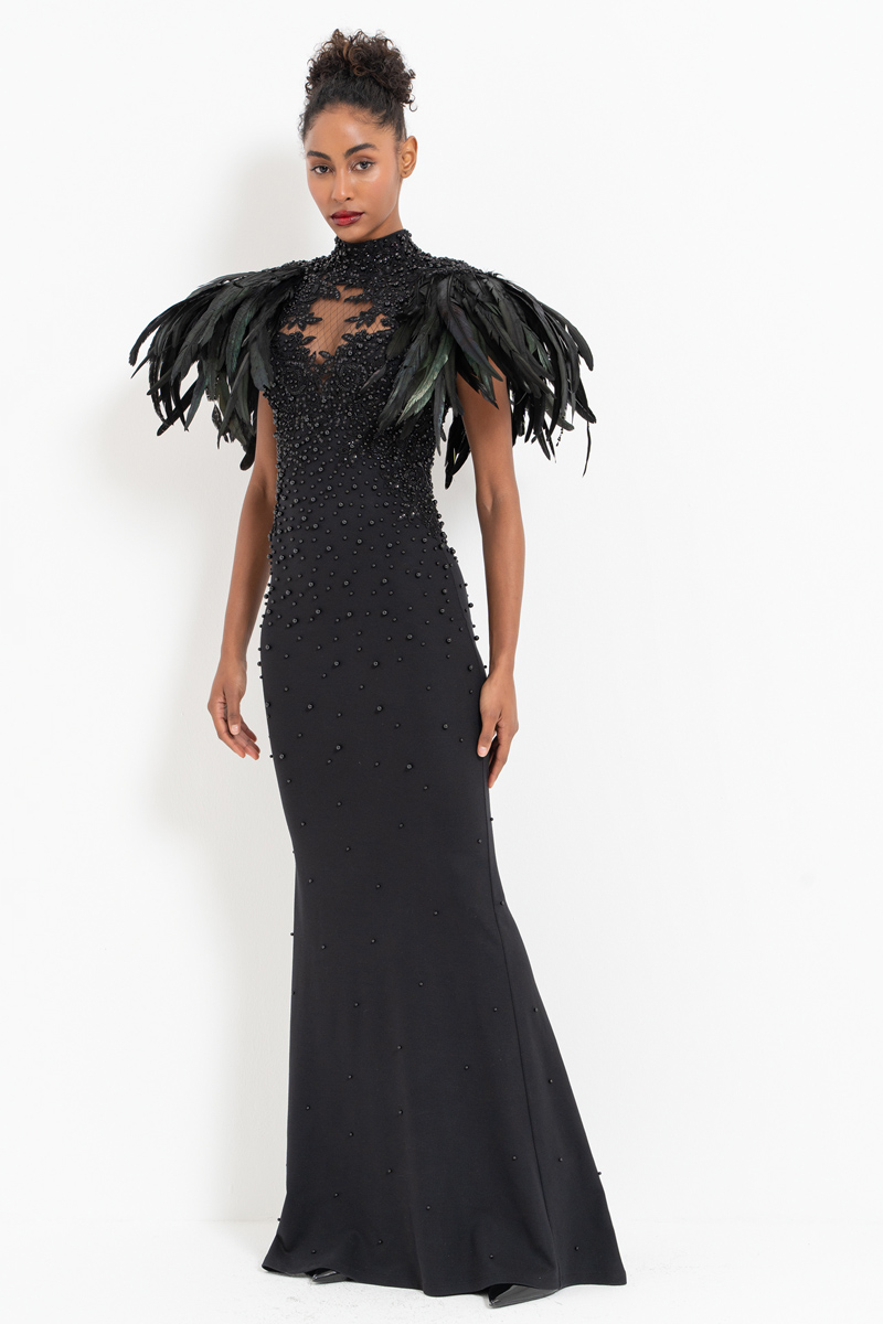 Black Faux Feather-Shoulder Embellished Maxi Dress