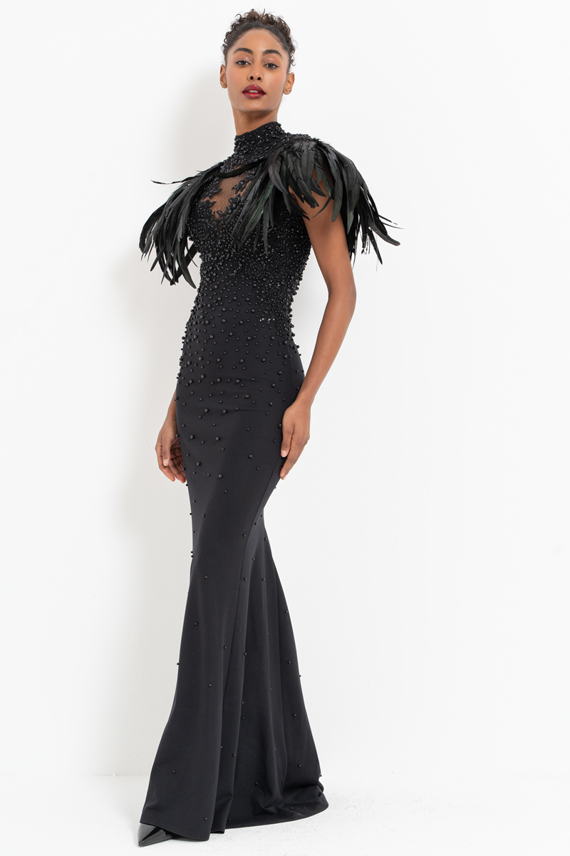 Black Faux Feather-Shoulder Embellished Maxi Dress