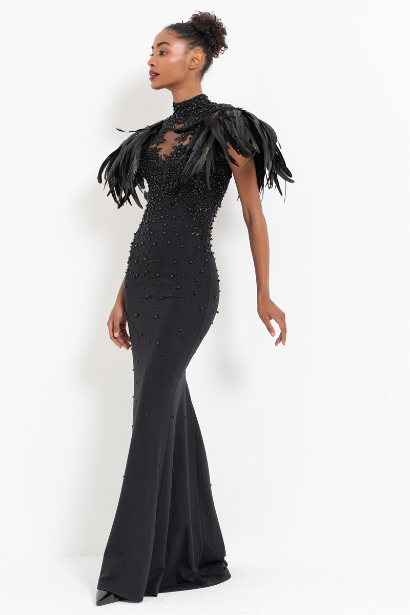 Black Faux Feather-Shoulder Embellished Maxi Dress