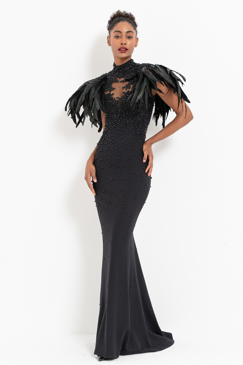 Black Faux Feather-Shoulder Embellished Maxi Dress