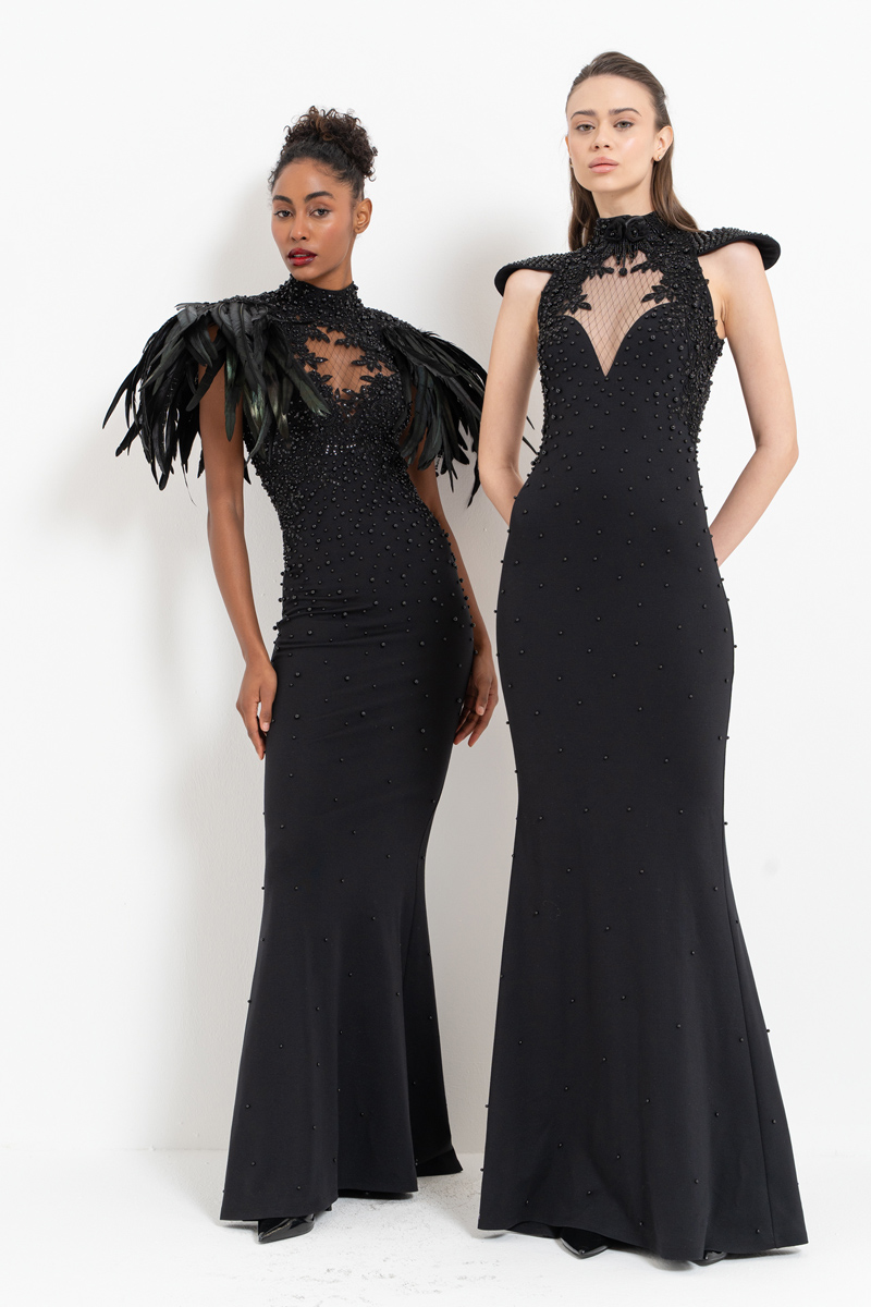 Black Faux Feather-Shoulder Embellished Maxi Dress