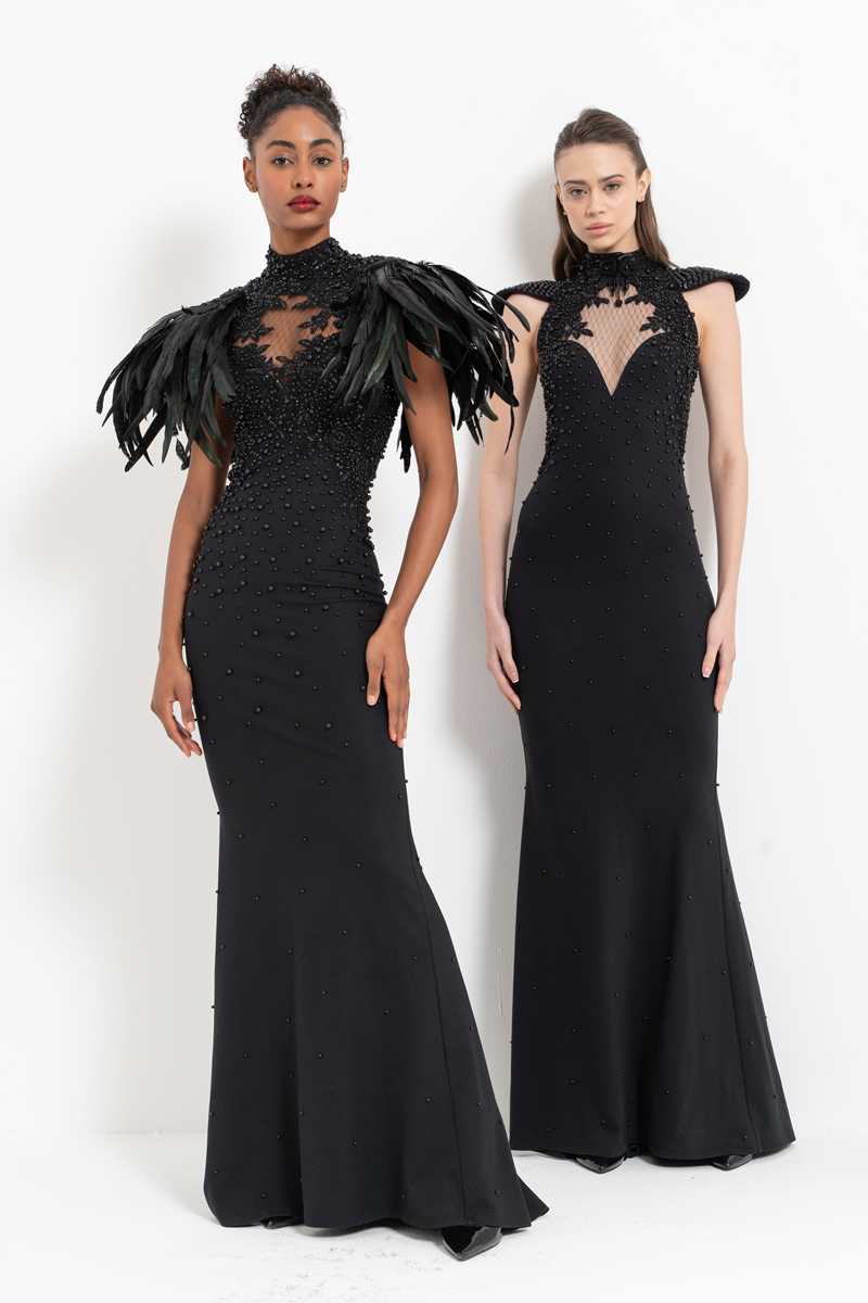 Black Faux Feather-Shoulder Embellished Maxi Dress