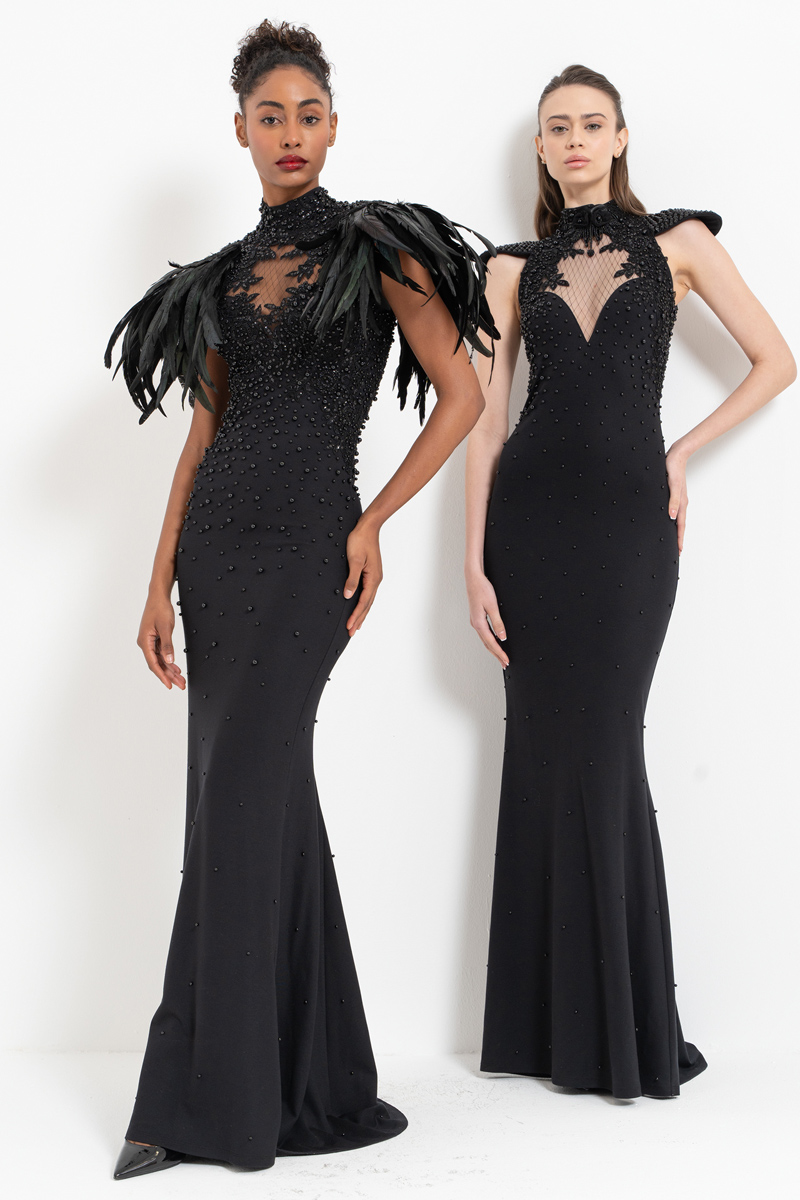 Black Faux Feather-Shoulder Embellished Maxi Dress