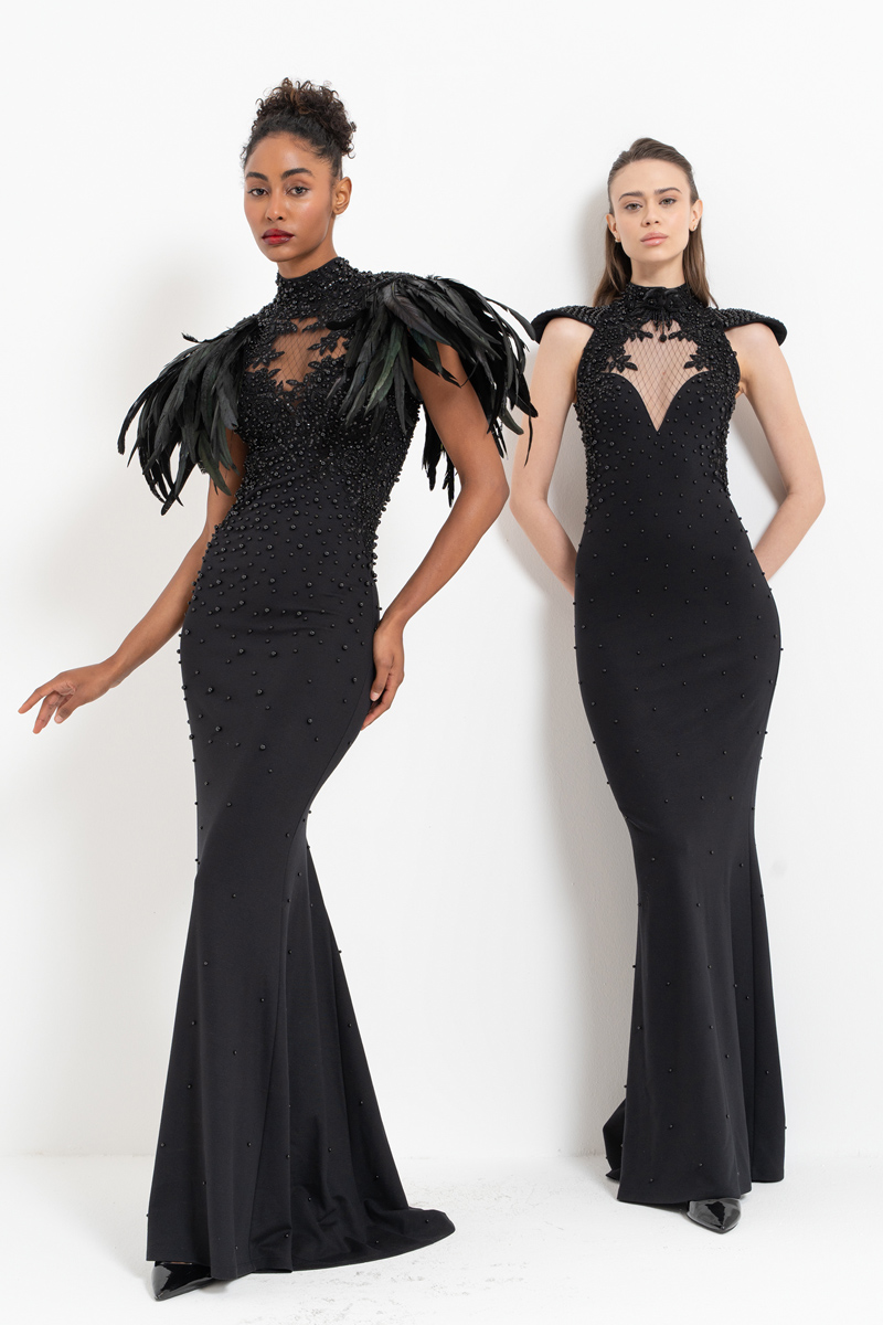 Black Faux Feather-Shoulder Embellished Maxi Dress