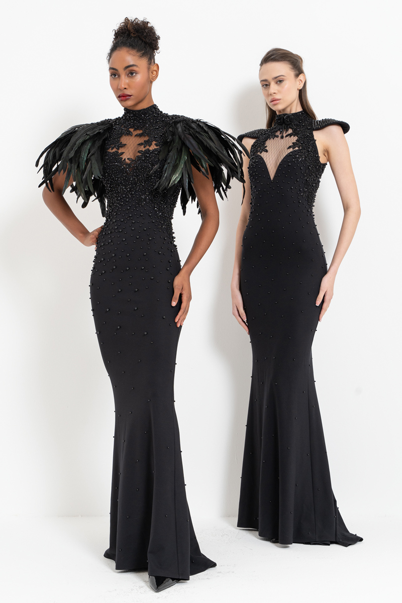 Black Faux Feather-Shoulder Embellished Maxi Dress