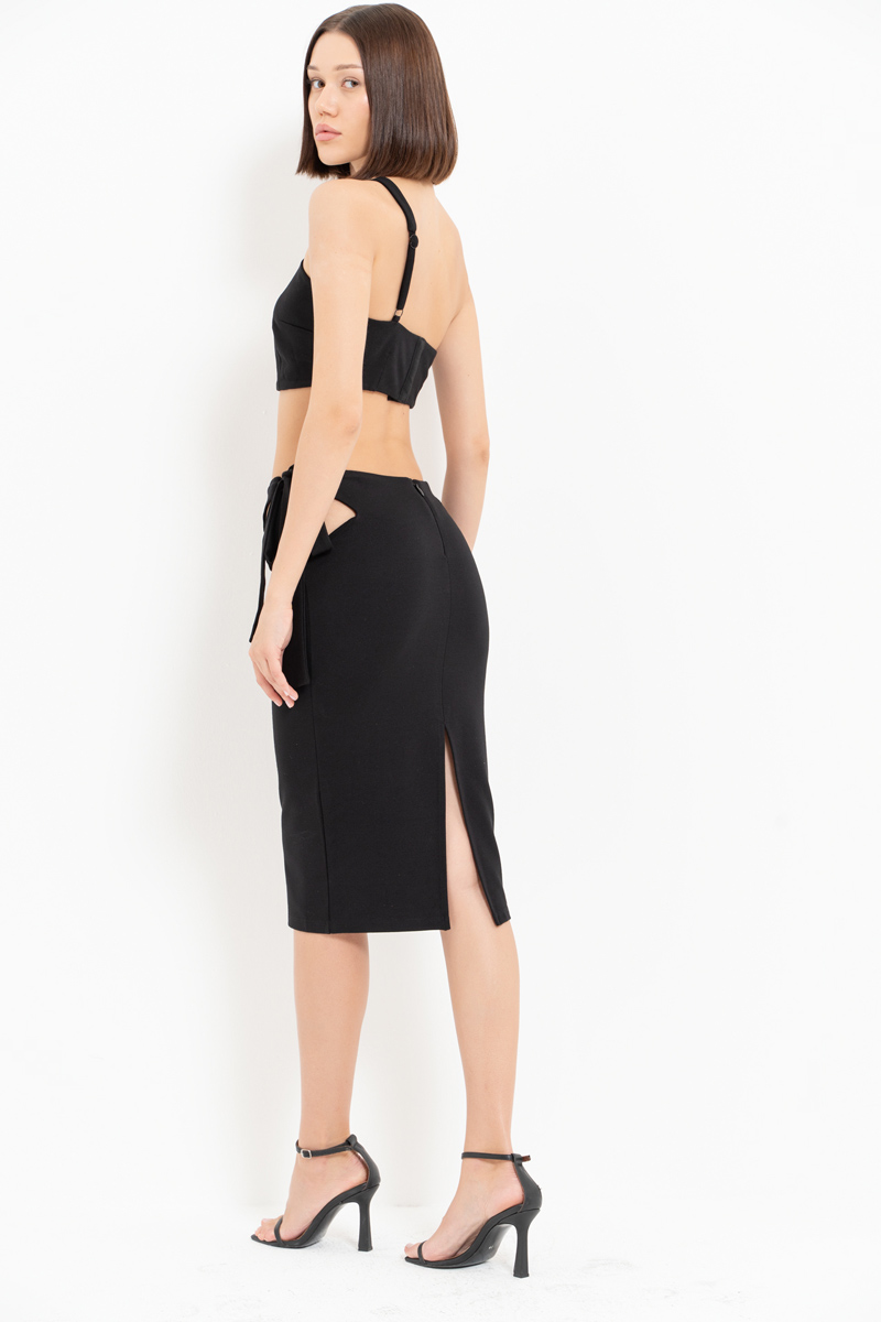 Black One-Shoulder Crop Top & Midi Skirt Set