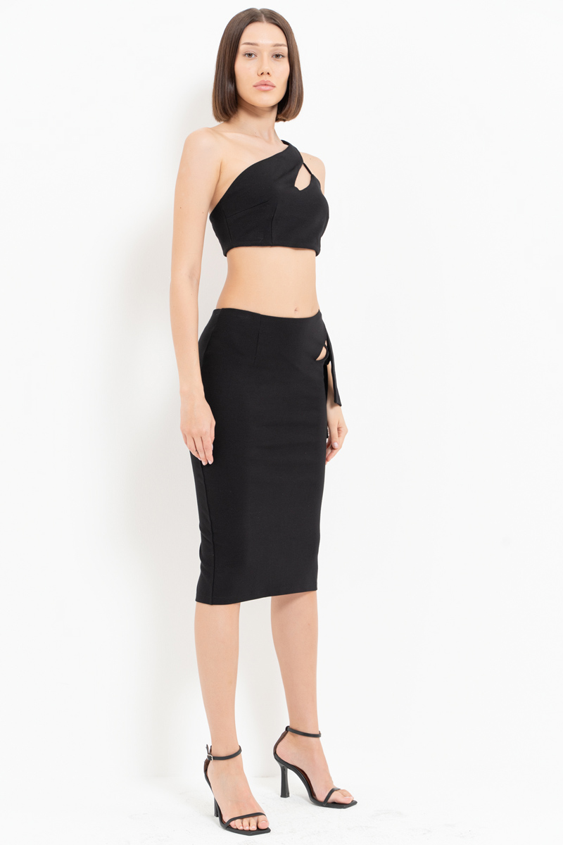 черный One-Shoulder Crop Top & Midi Skirt Set