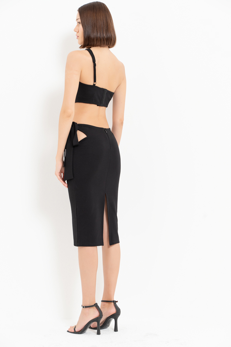 оптовая черный One-Shoulder Crop Top & Midi Skirt Set