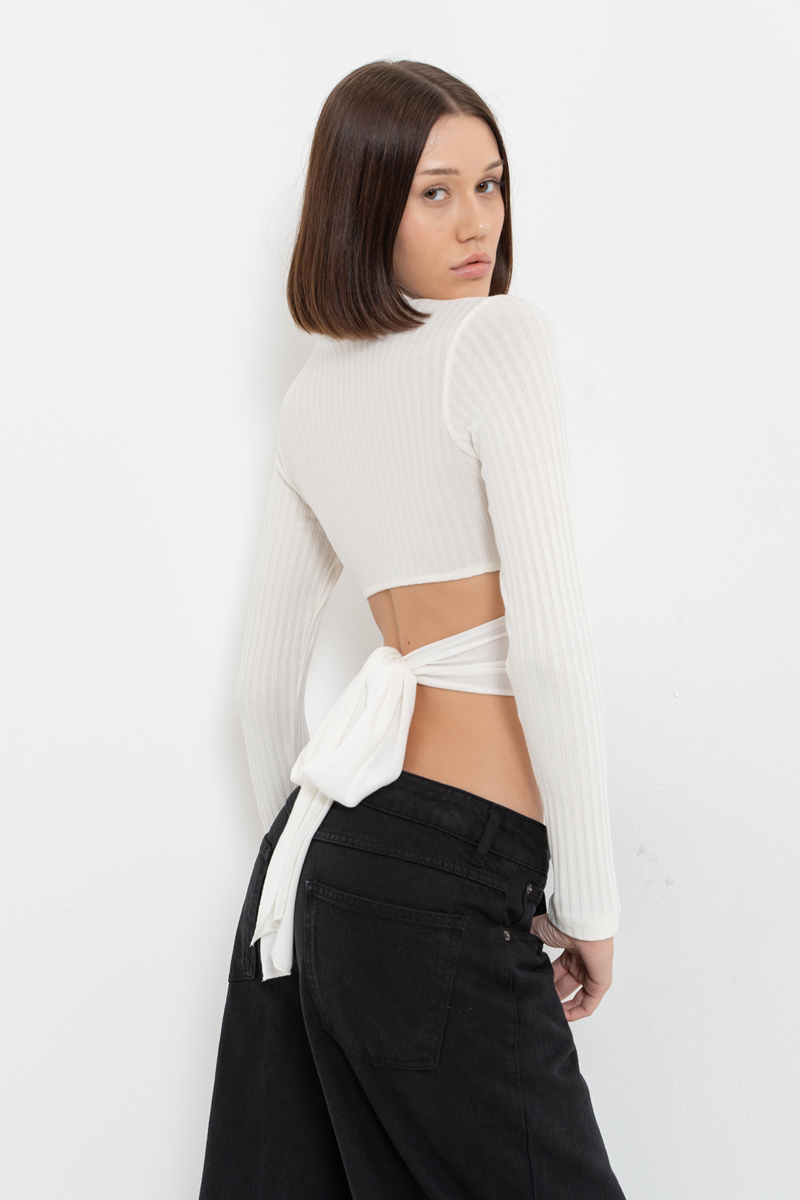 Long Sleeve Offwhite Lace Up Camisole Blouse