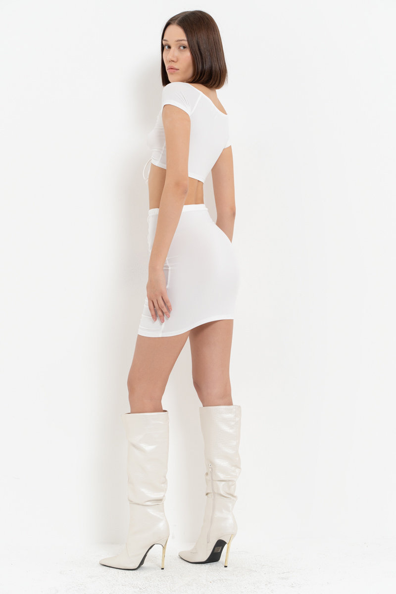 Wholesale Offwhite V-Neck Crop Top & Ruched Mini Skirt Set