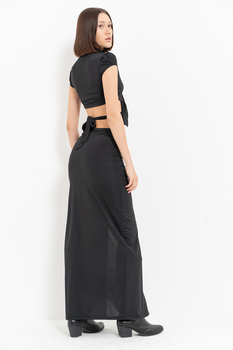 Black Self-Tie Crop Top & Split-Front Skirt Set