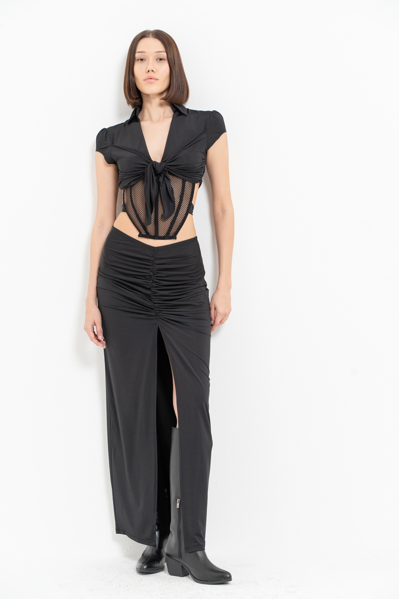 Black Self-Tie Crop Top & Split-Front Skirt Set