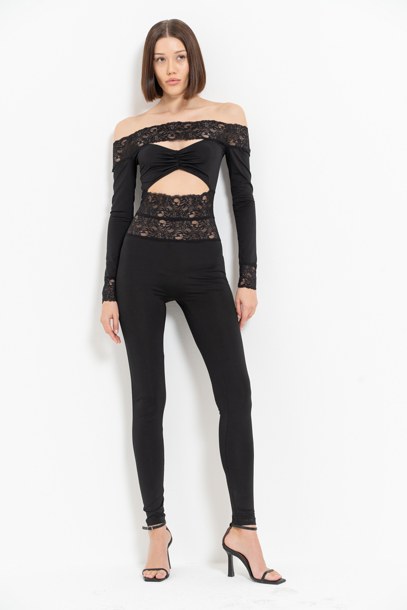 Black Off-the-Shoulder Lace-Insert Jumpsuit