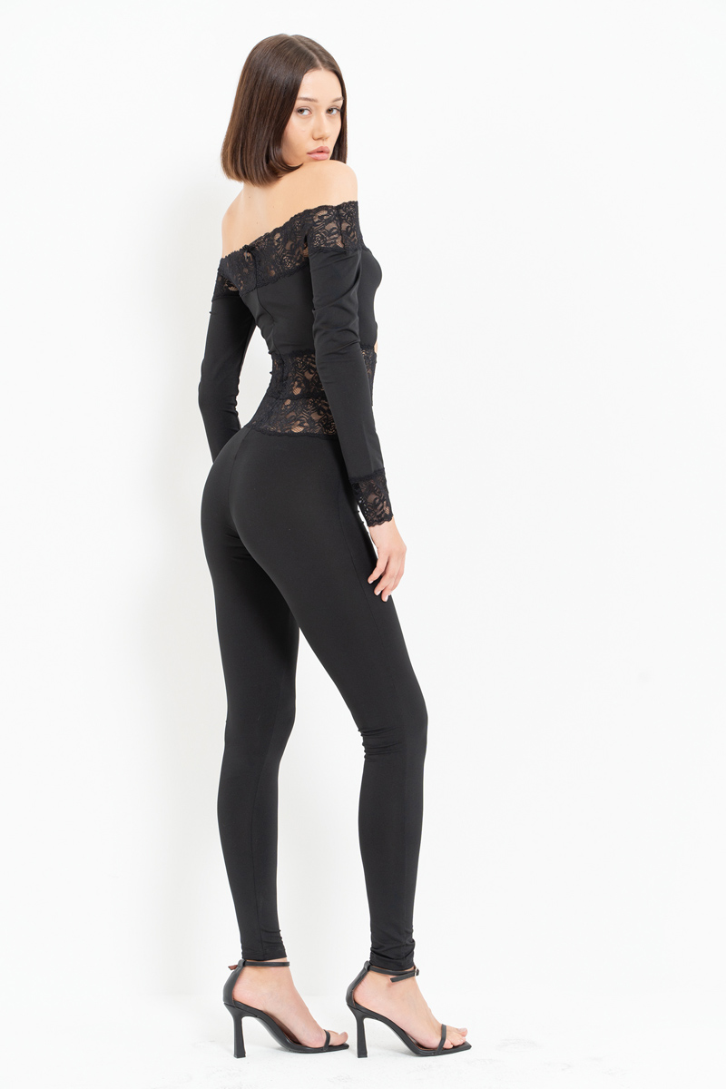 Black Off-the-Shoulder Lace-Insert Jumpsuit