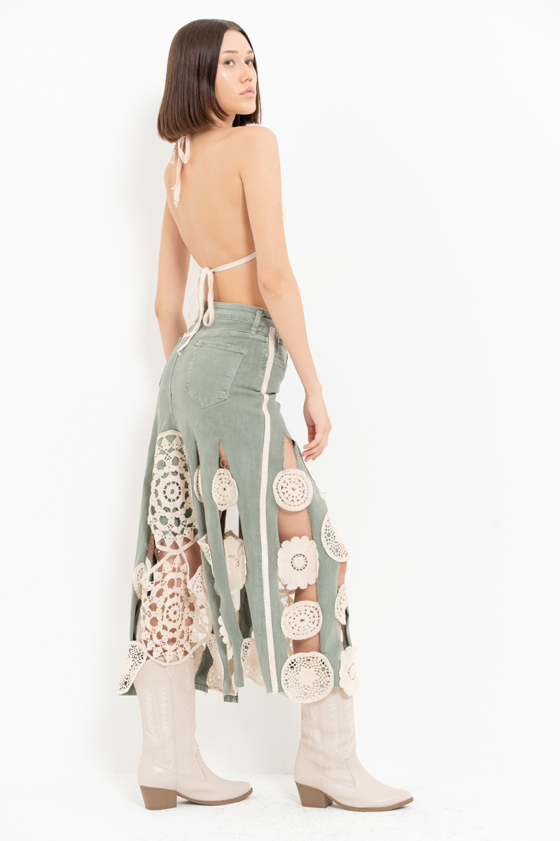 Green Crochet-Accent Denim Skirt