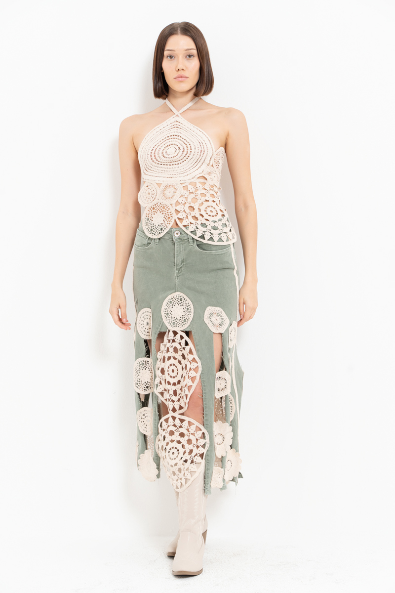 Green Crochet-Accent Denim Skirt