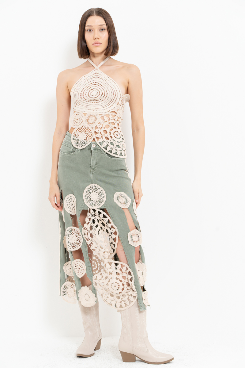 Green Crochet-Accent Denim Skirt