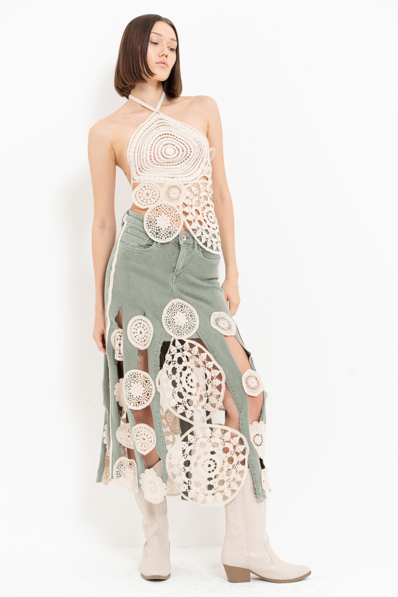 Green Crochet-Accent Denim Skirt