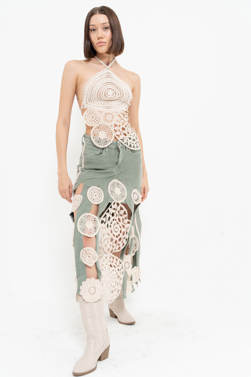 Green Crochet-Accent Denim Skirt