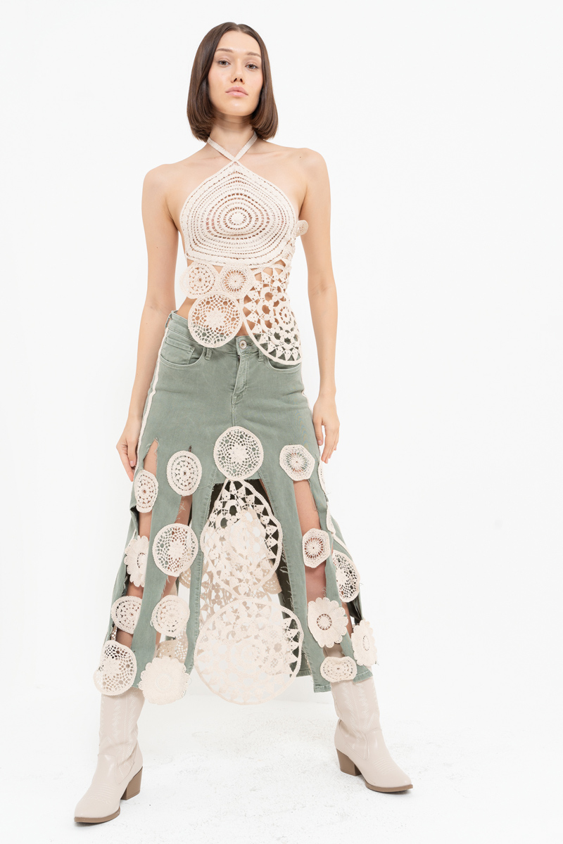 Green Crochet-Accent Denim Skirt