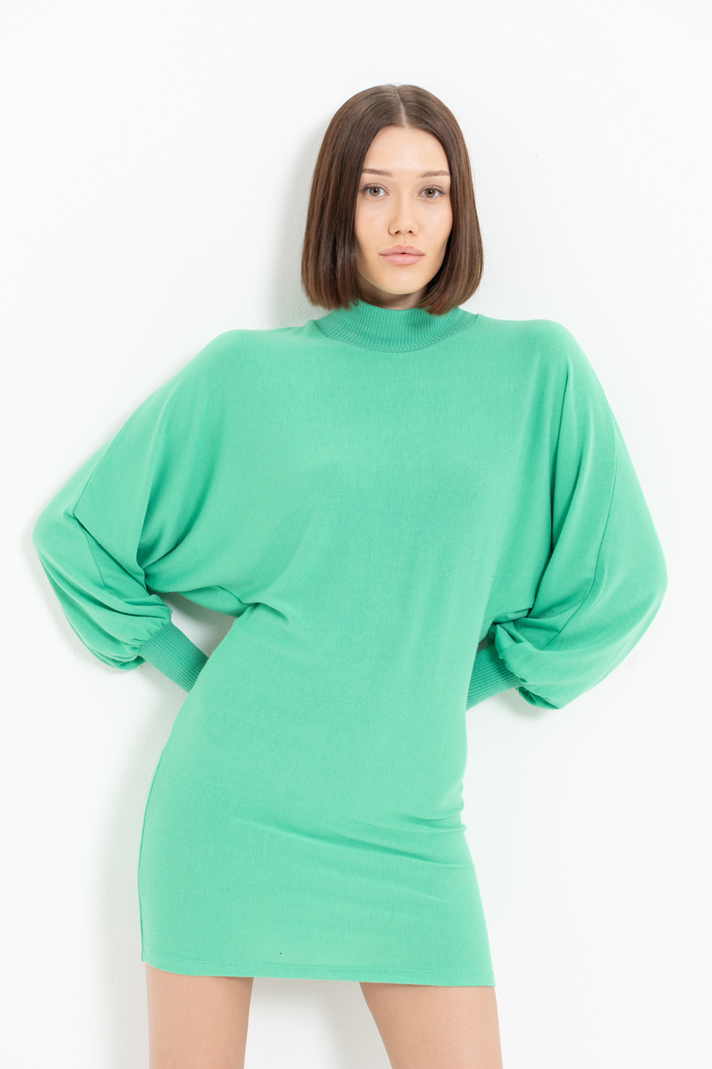 Batwing Sleeve  New Green Turtleneck Mini Dress