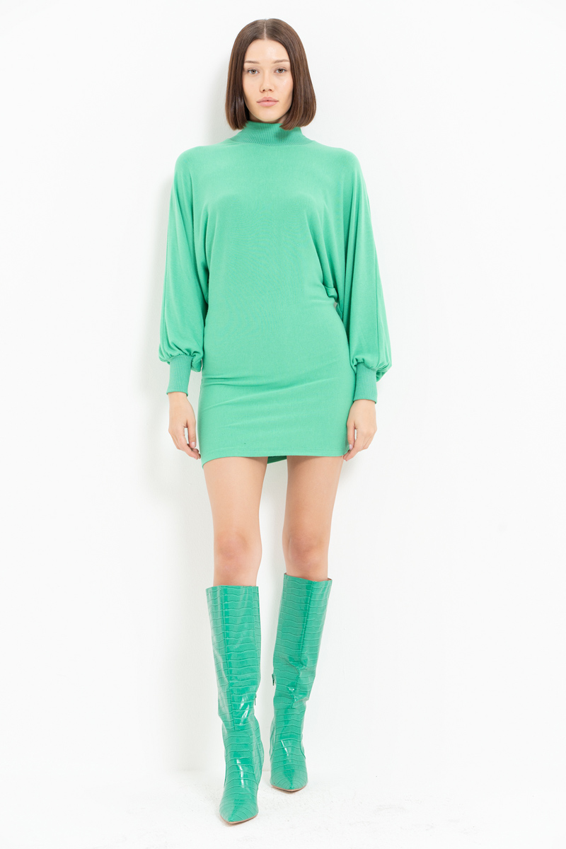 Yarasa Kollu Yeni Yeşil Balıkçı Yaka Mini Elbise