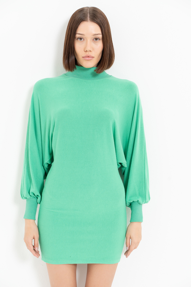 Wholesale Batwing Sleeve  New Green Turtleneck Mini Dress