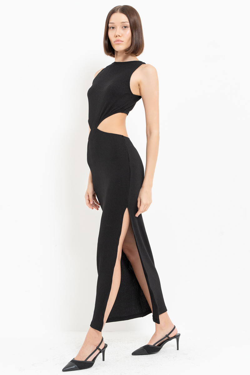 Black Ribbed Cut Out Waist Dress