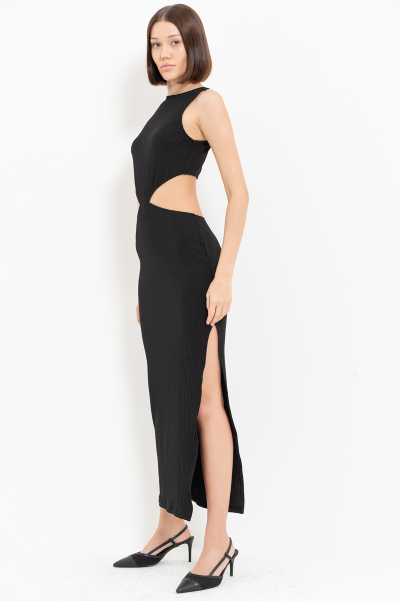 Black Ribbed Cut Out Waist Dress