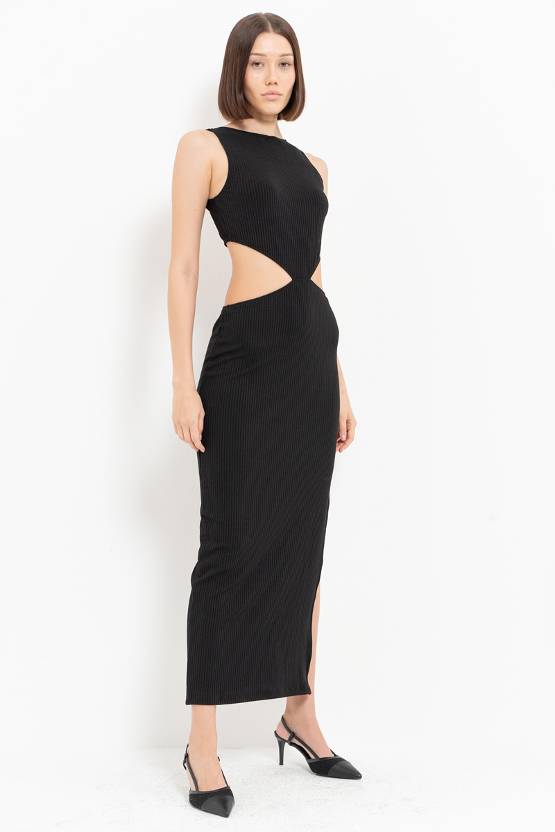 Black Ribbed Cut Out Waist Dress