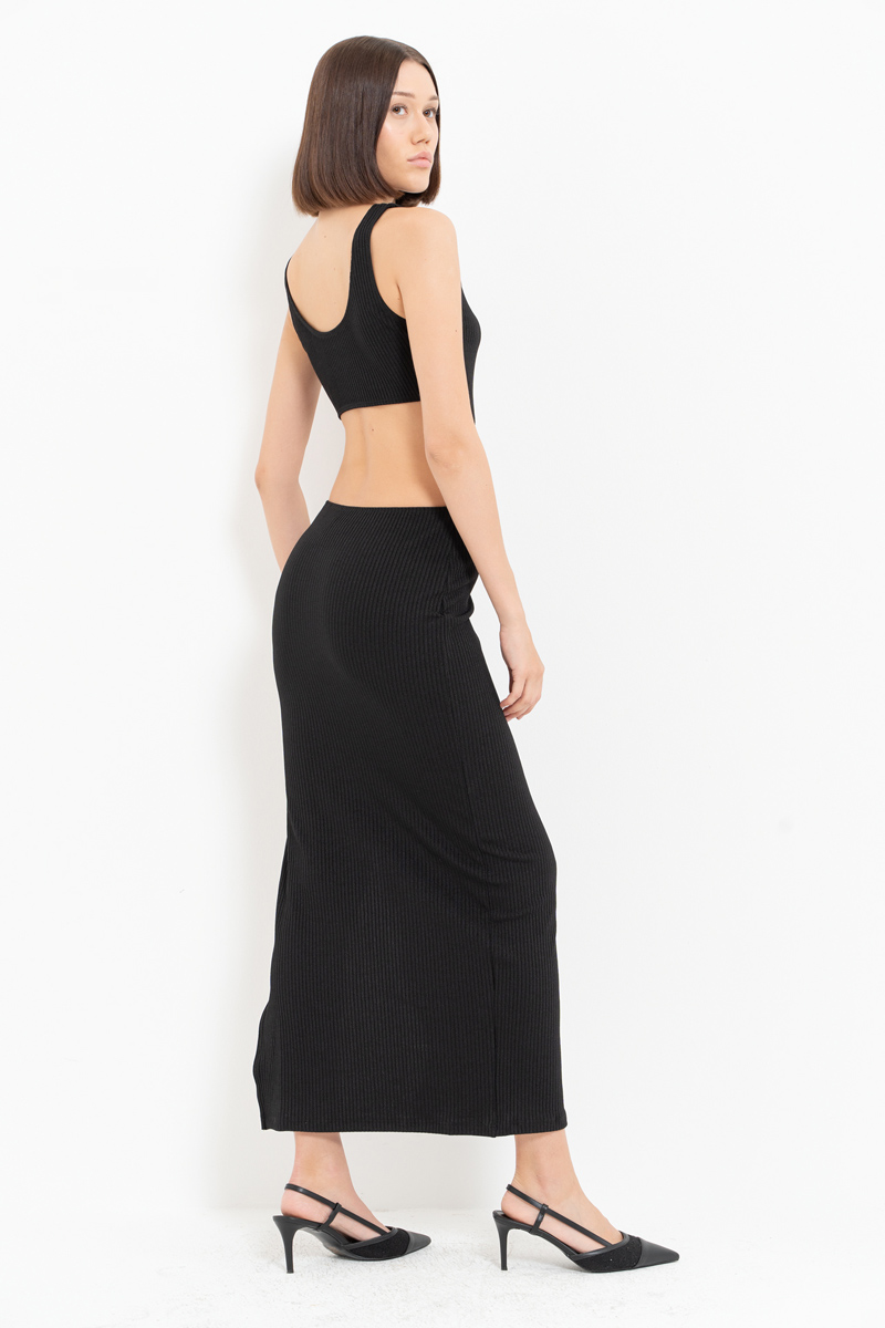 Black Ribbed Cut Out Waist Dress