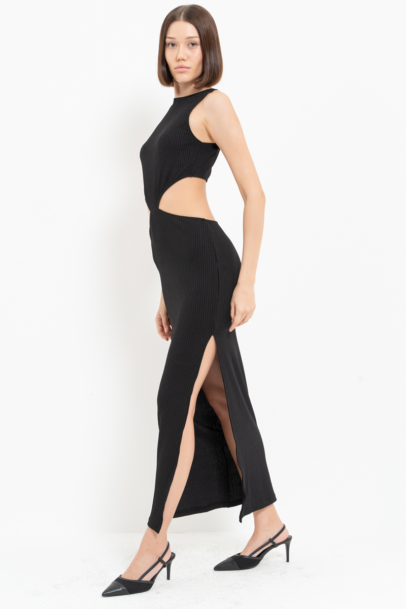 Black Ribbed Cut Out Waist Dress