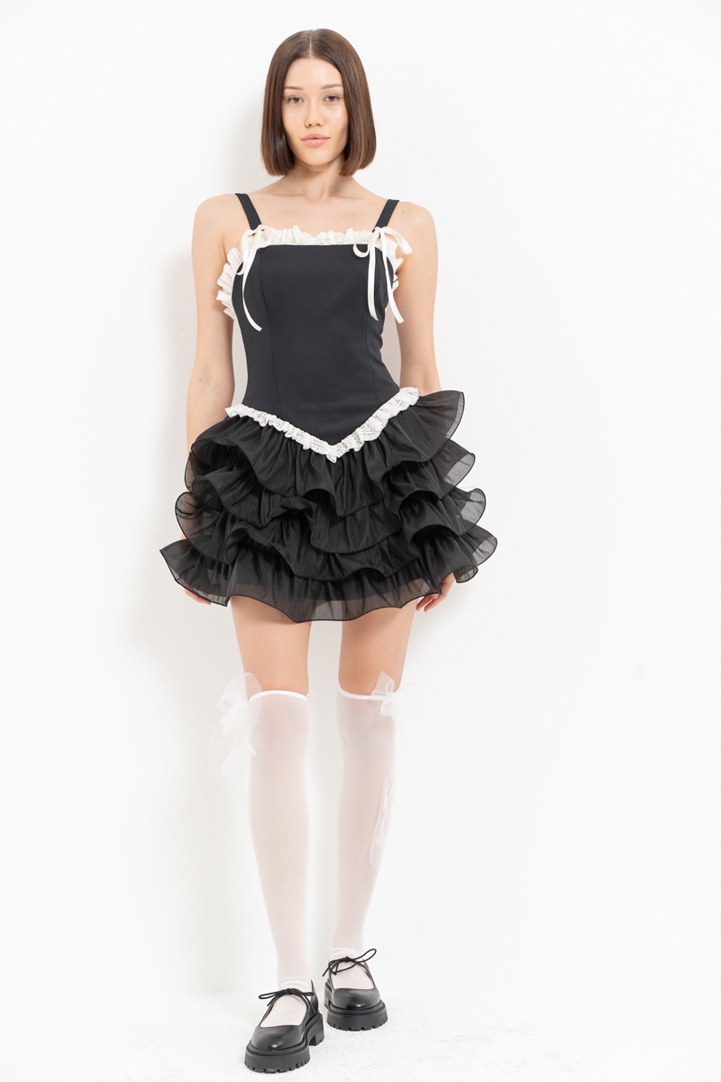 Black-Offwhite Lace Ruffle-Trim Cami Dress