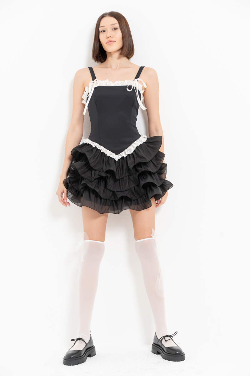 Black-Offwhite Lace Ruffle-Trim Cami Dress