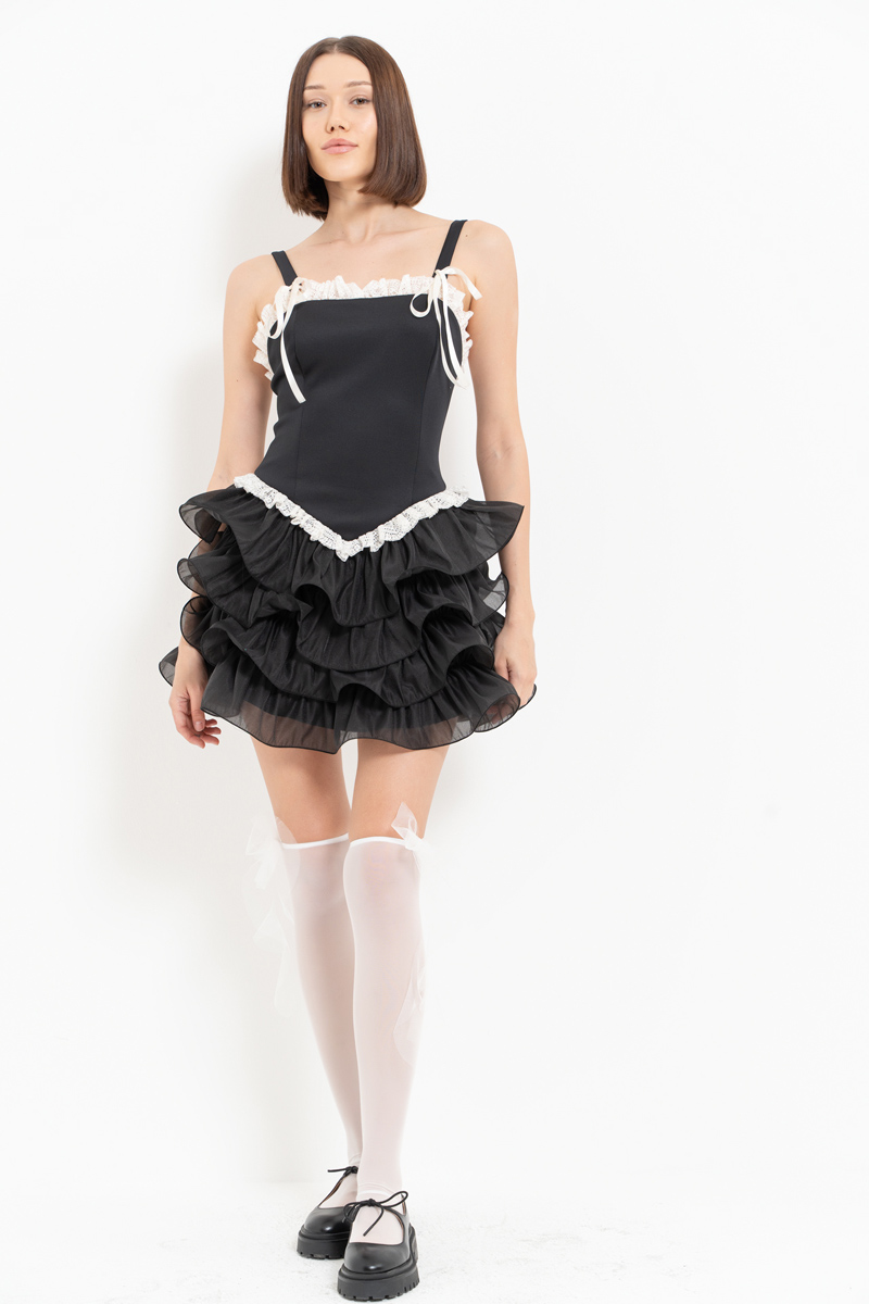 Black-Offwhite Lace Ruffle-Trim Cami Dress