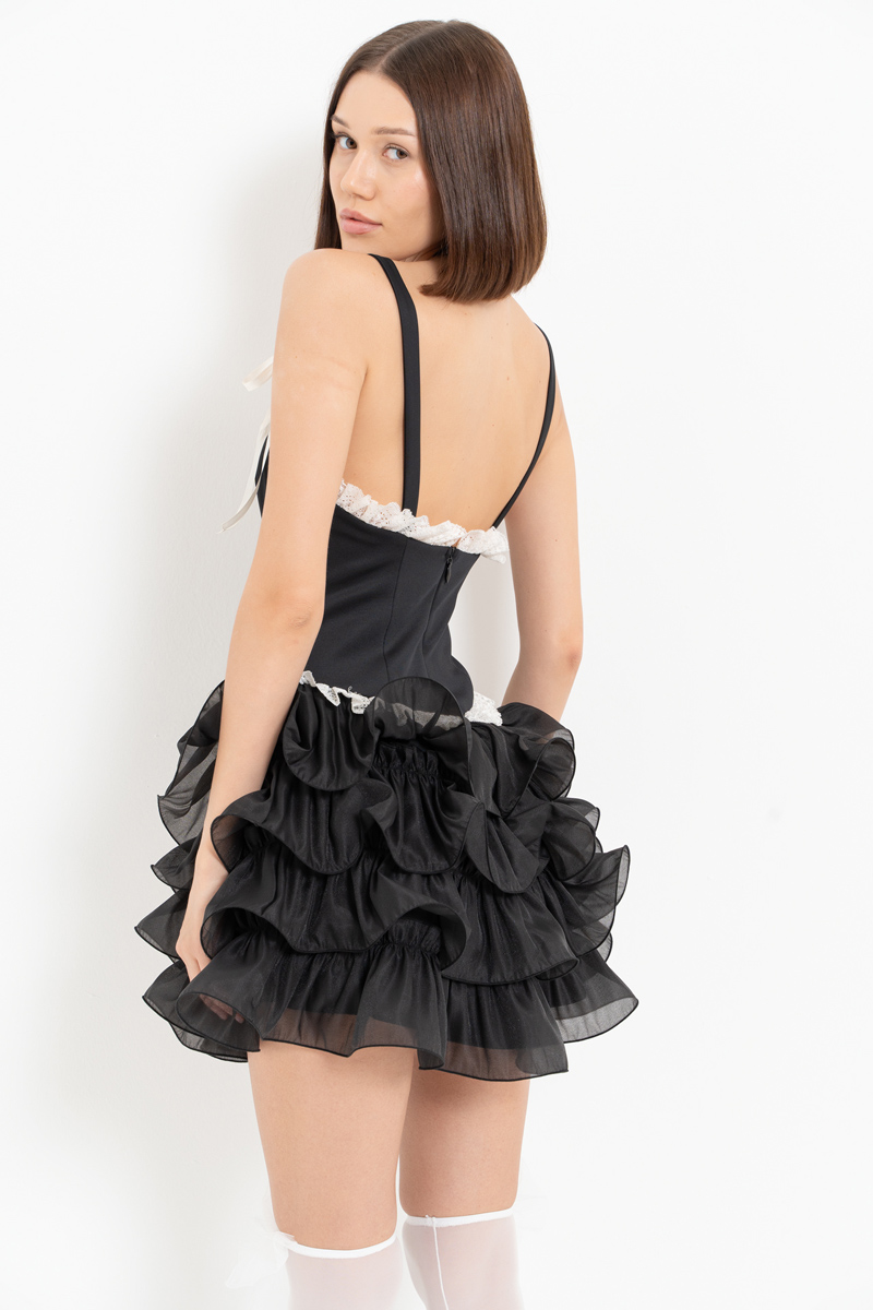 Black-Offwhite Lace Ruffle-Trim Cami Dress