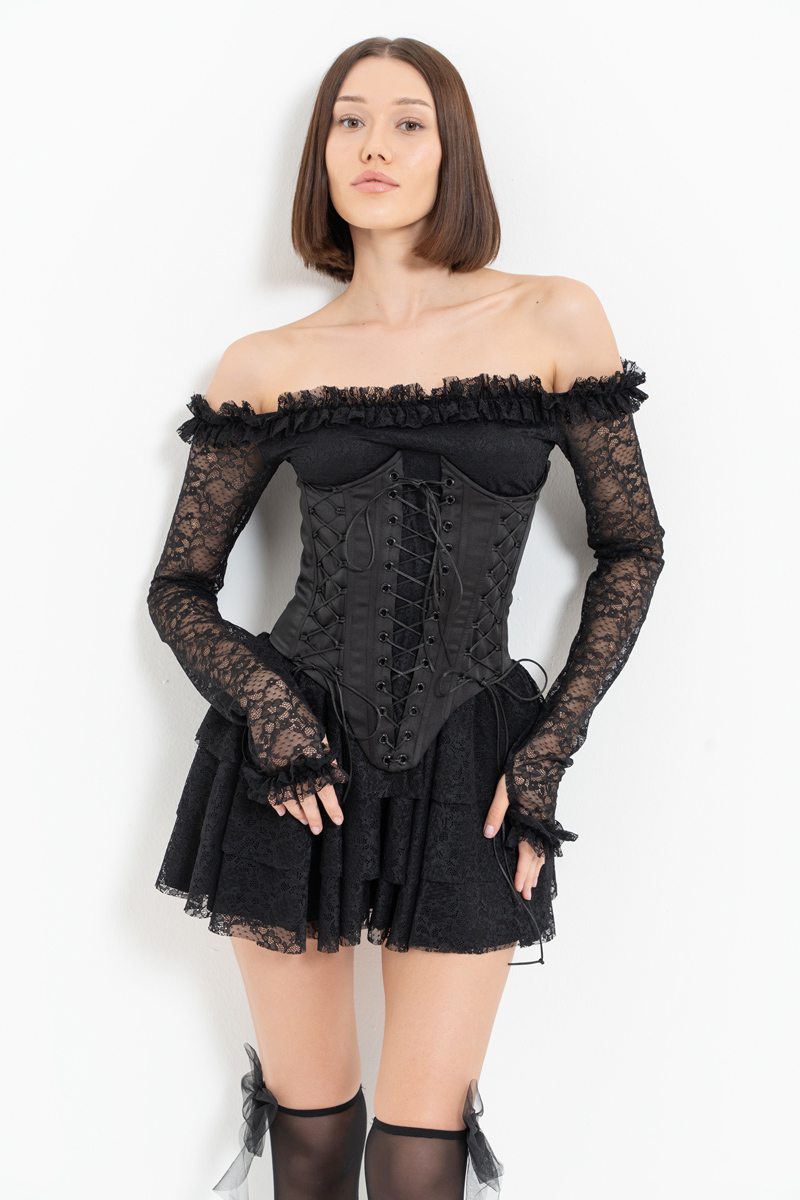 Black Off-the-Shoulder Mini Dress with Corset