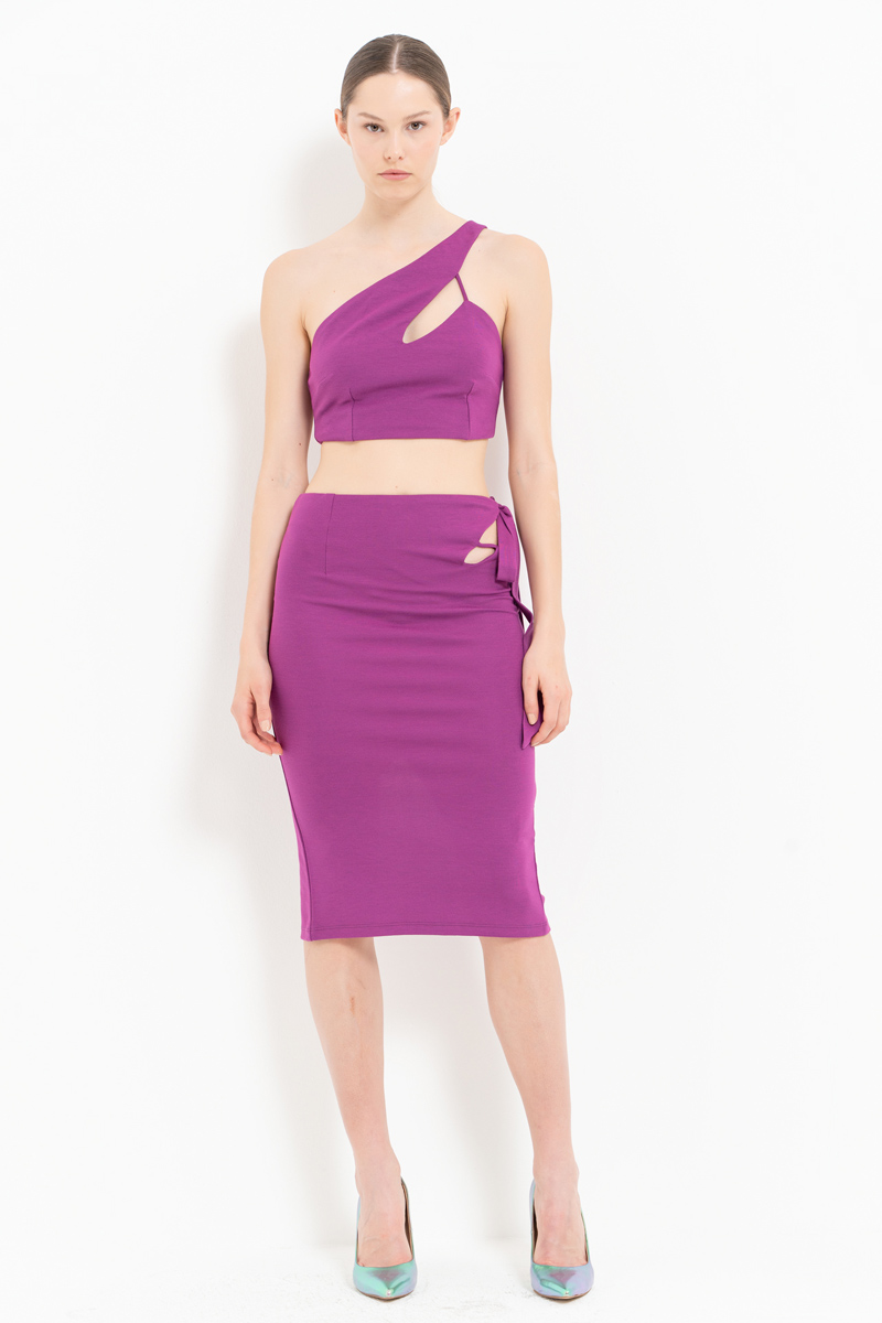 Wholesale Violet One-Shoulder Crop Top & Midi Skirt Set