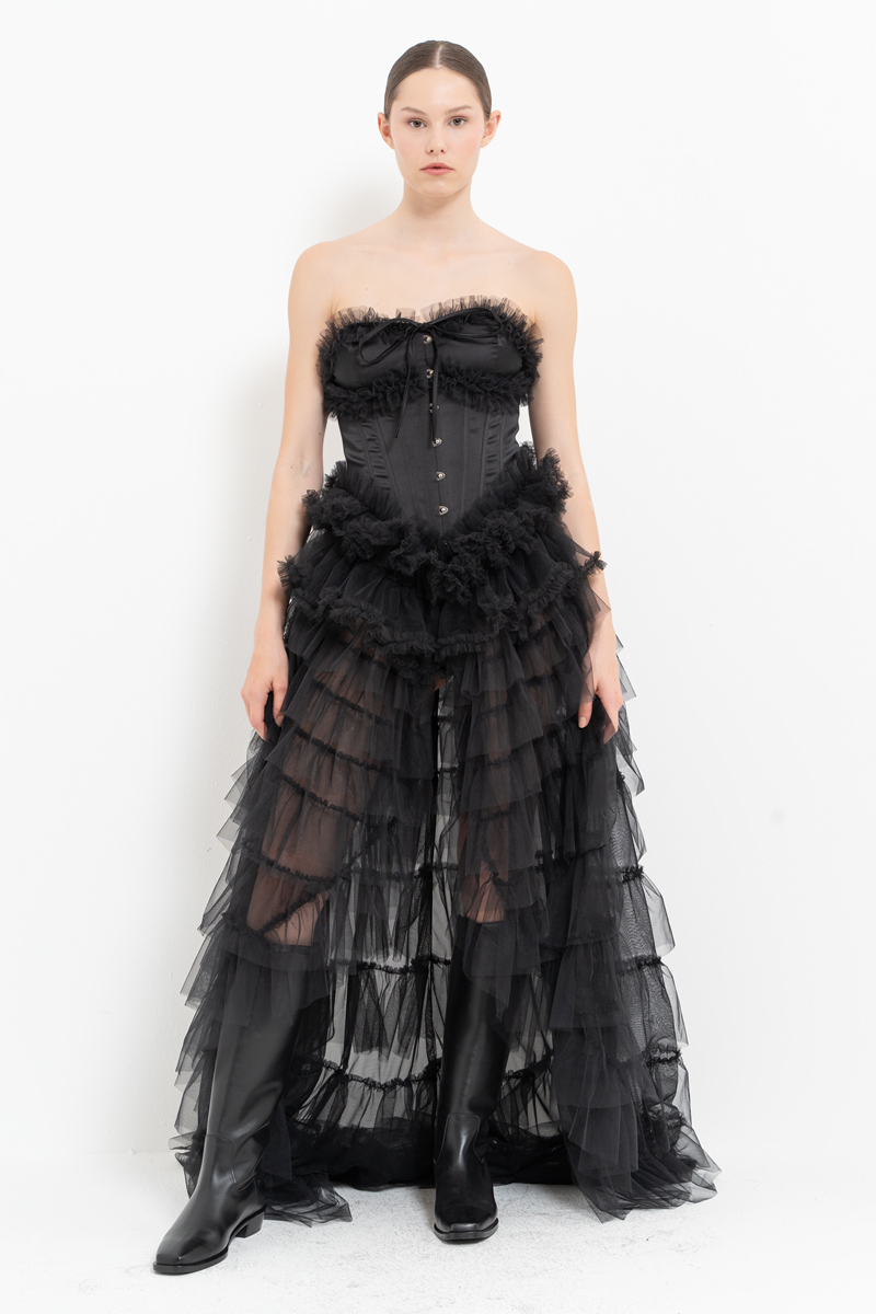 Black Strapless Bustier with Tiered-Ruffle Tulle Skirt