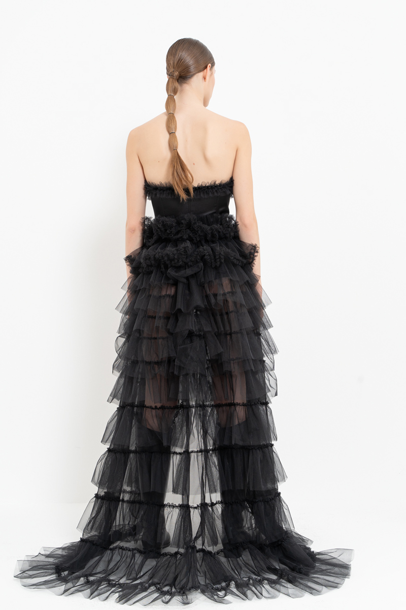 Black Strapless Bustier with Tiered-Ruffle Tulle Skirt