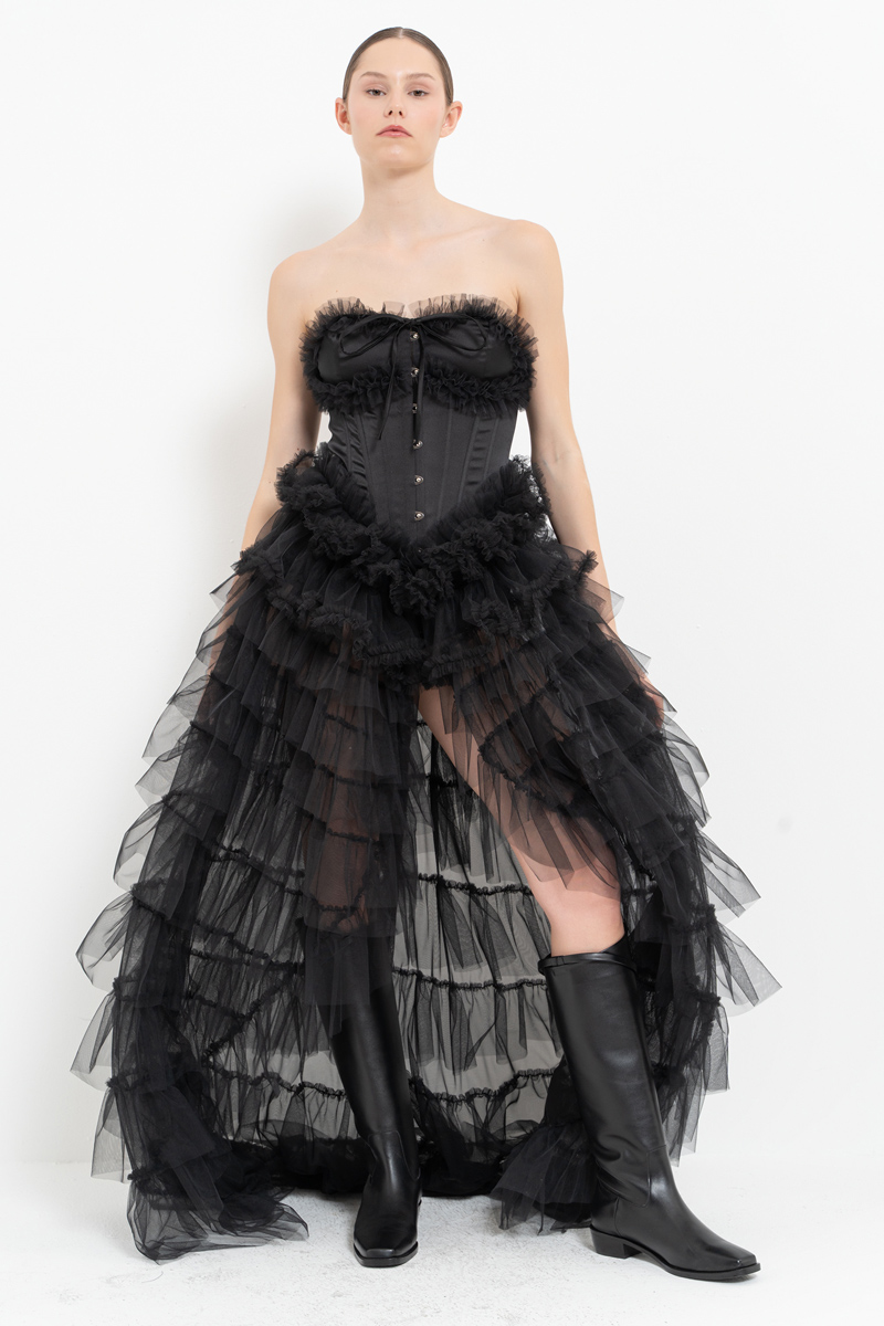 Black Strapless Bustier with Tiered-Ruffle Tulle Skirt