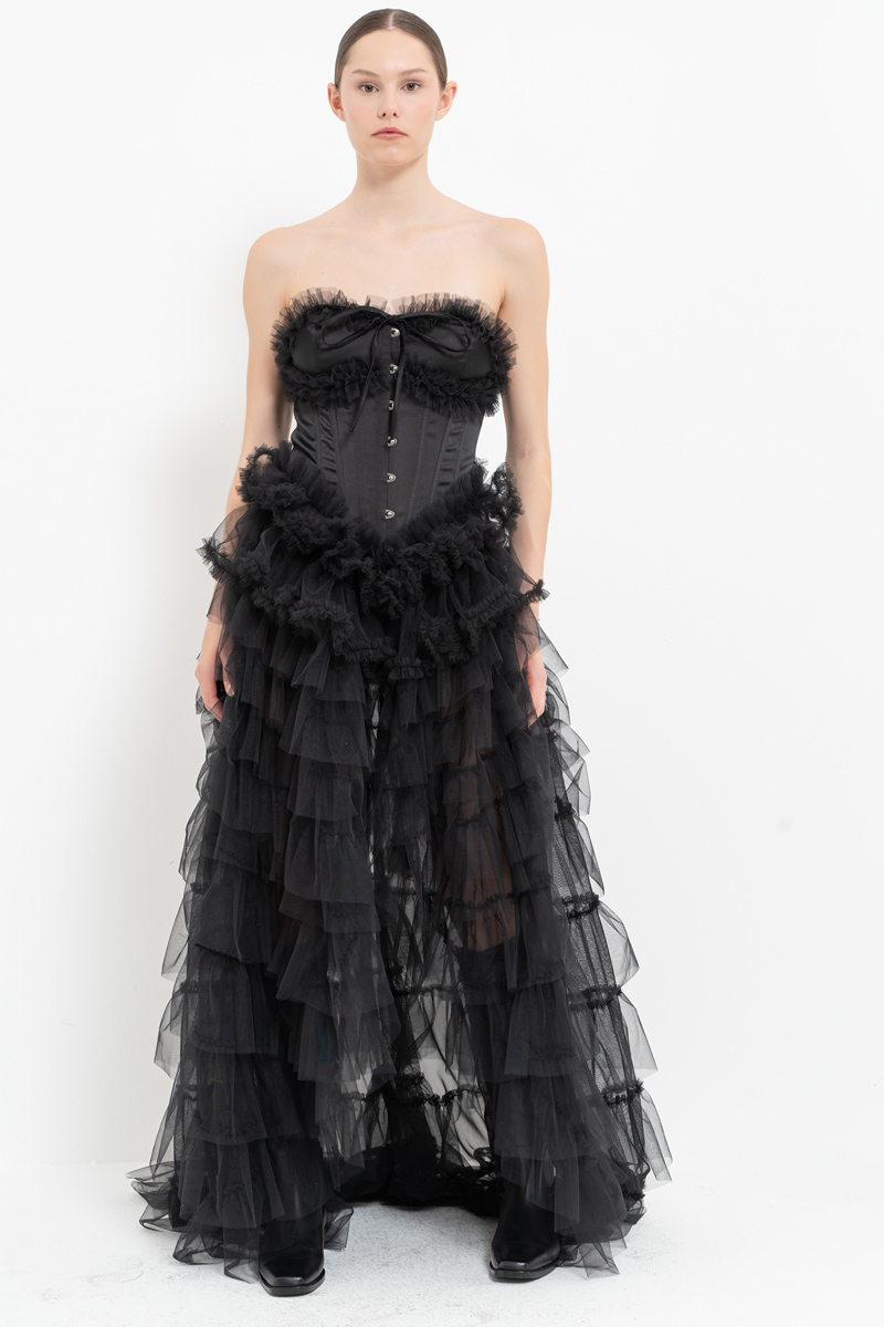 Black Strapless Bustier with Tiered-Ruffle Tulle Skirt