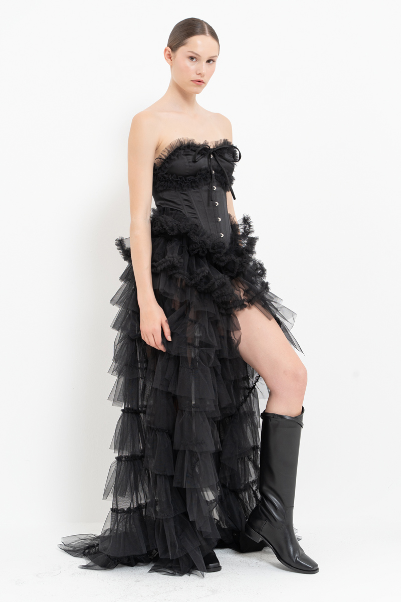 Black Strapless Bustier with Tiered-Ruffle Tulle Skirt