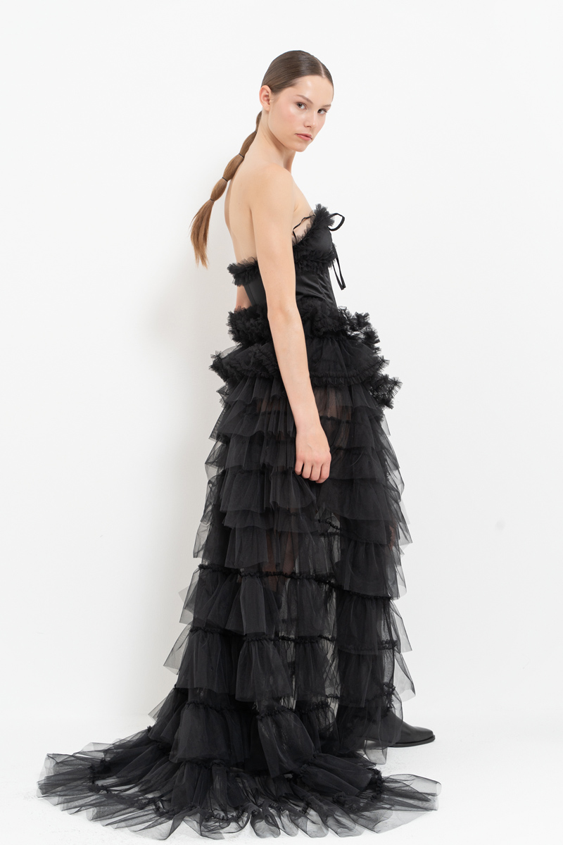 Black Strapless Bustier with Tiered-Ruffle Tulle Skirt