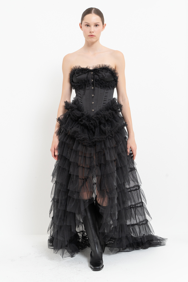 Black Strapless Bustier with Tiered-Ruffle Tulle Skirt